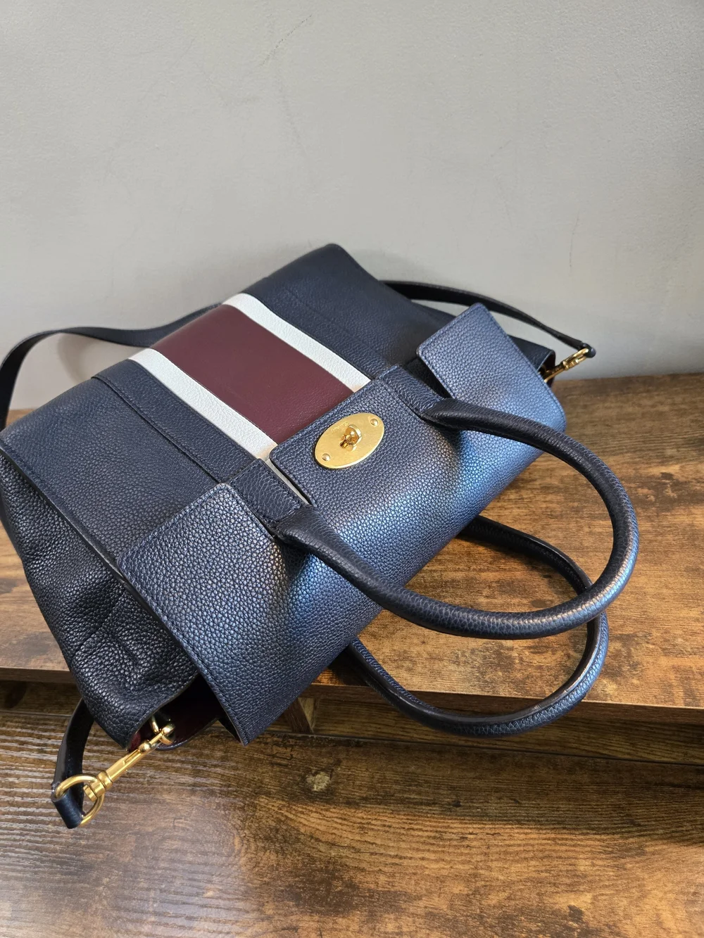 Mulberry Navy Leather Satchel with Burgundy and White Center Stripe